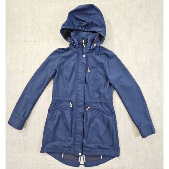 Cole Haan Travel Hooded Raincoat Women's Small Navy Full Zip MSRP $350 EUC LN - Picture 1 of 15